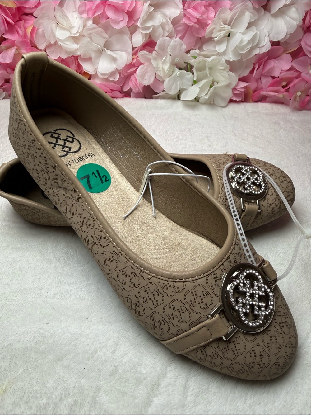 Daisy Fuentes Taupe Logo-Print Ballet Flats with Crystal Medallion